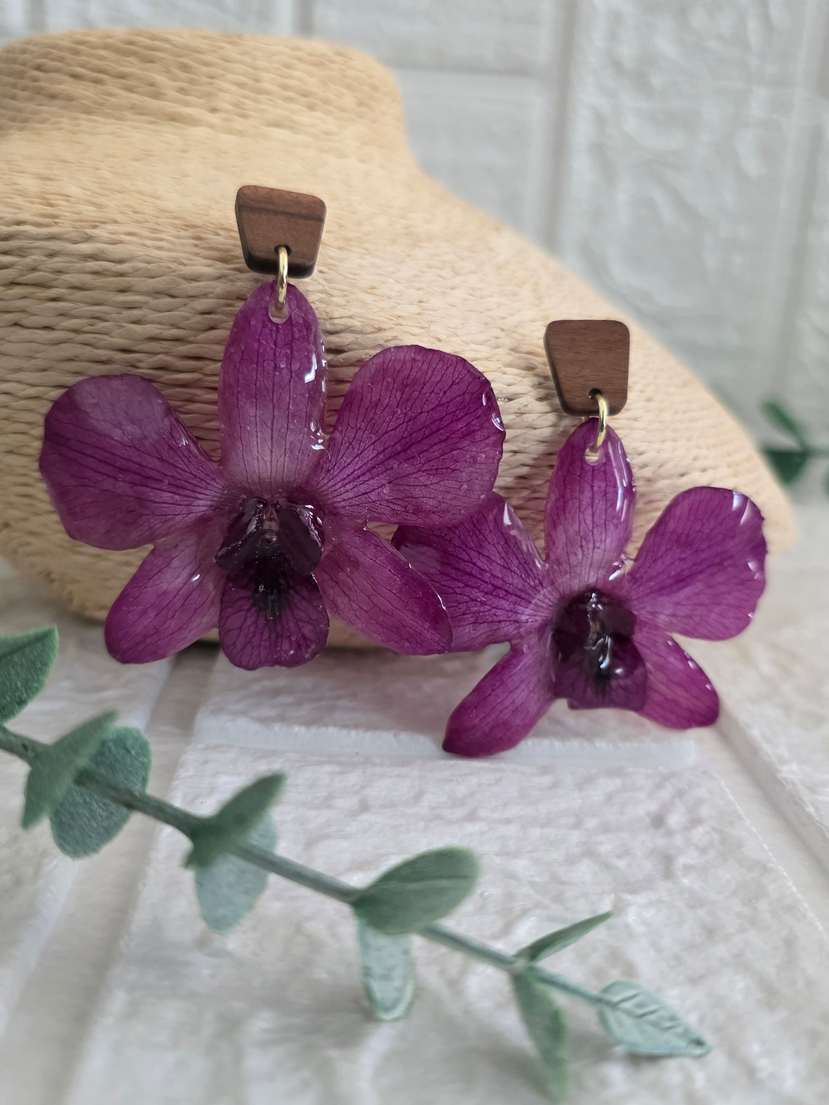 Purple Orchids Wood Earring