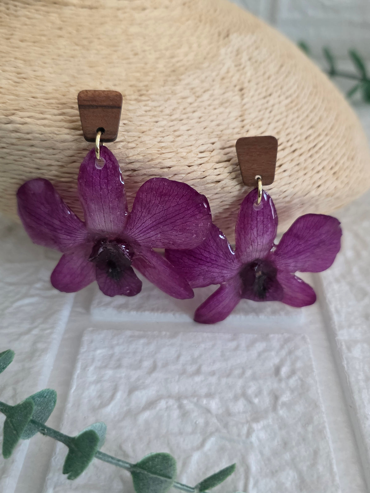Purple Orchids Wood Earring